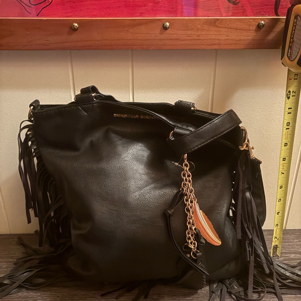 Christian Siriano Black Shoulder Bag with Fringe Details